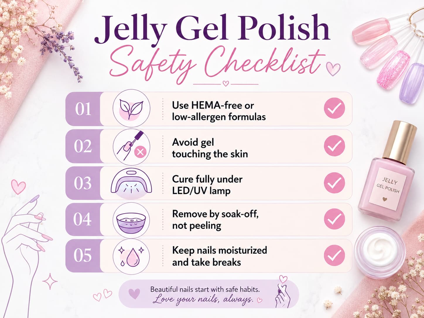 Jelly gel polish safety checklist showing HEMA-free formula skin protection curing removal and nail care tips