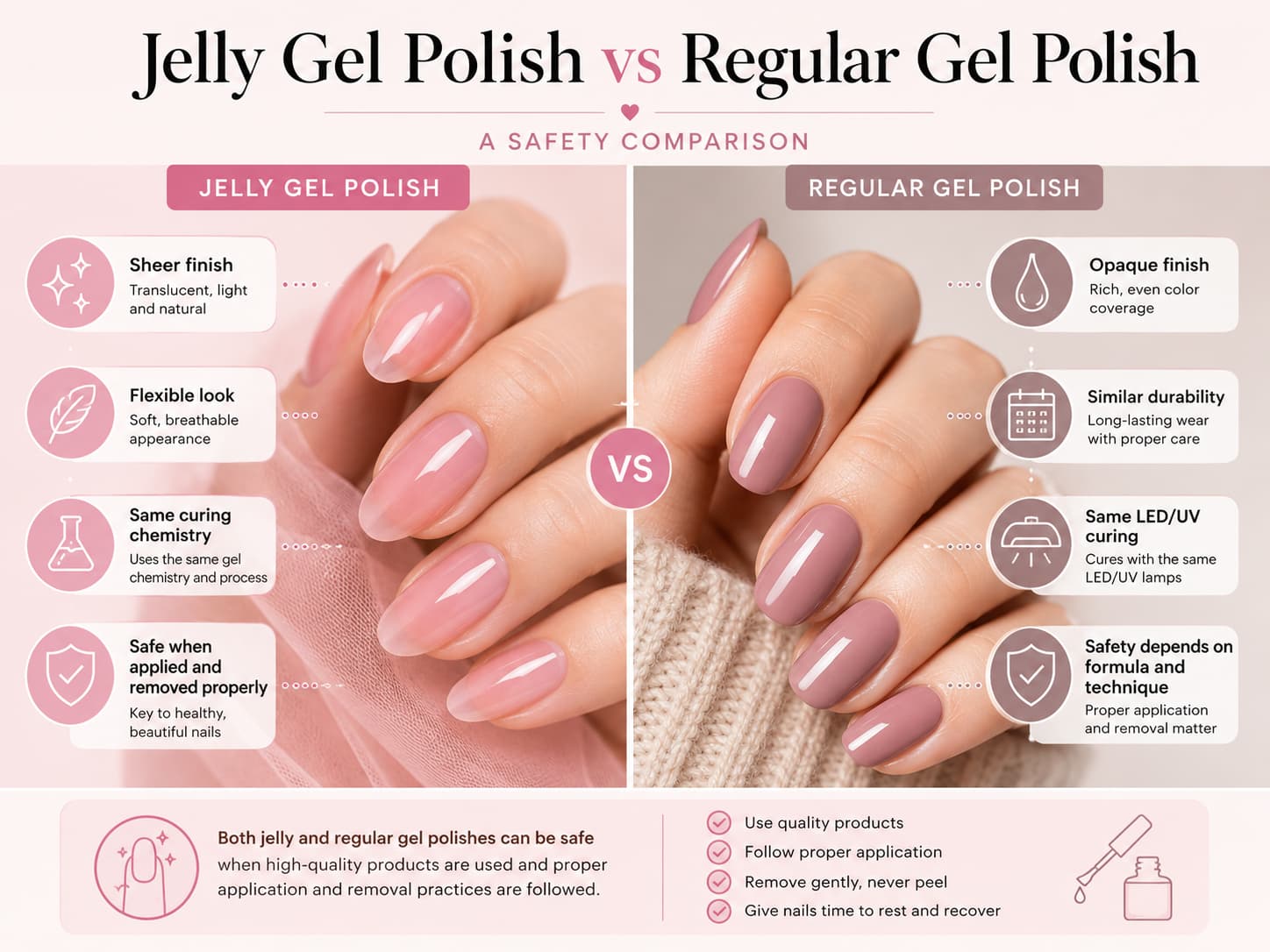 Jelly gel polish vs regular gel polish safety comparison showing sheer finish curing process and proper application tips