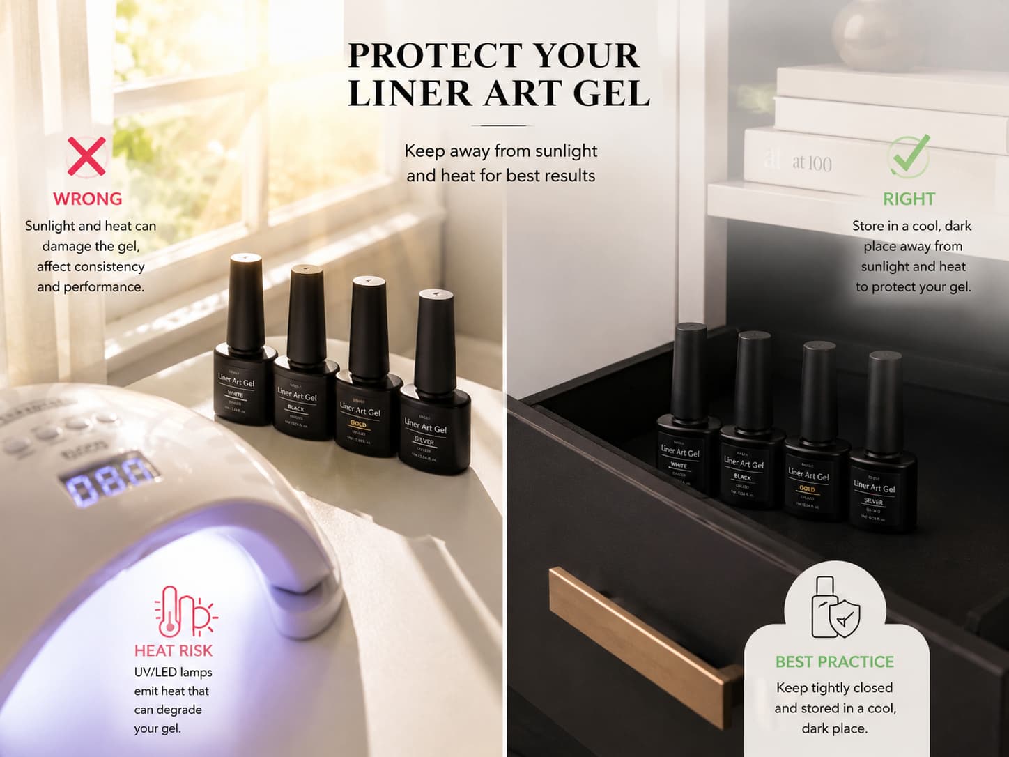 Keep liner art nail gel away from sunlight and UV LED lamps