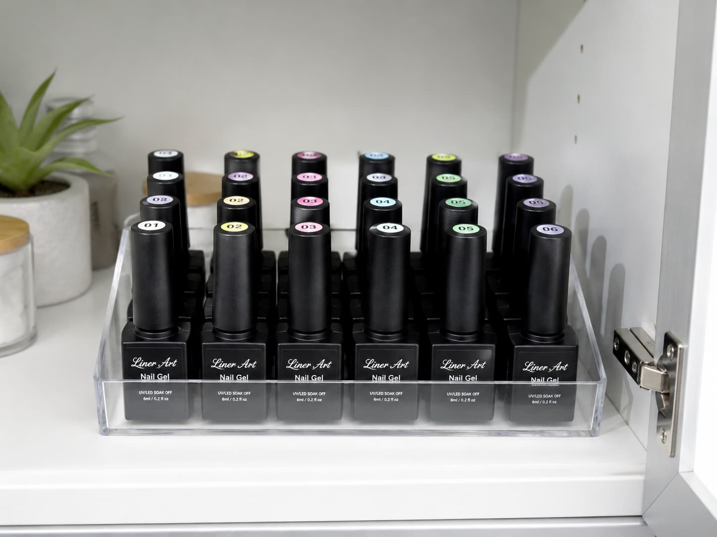 Liner art nail gel bottles stored upright and sealed