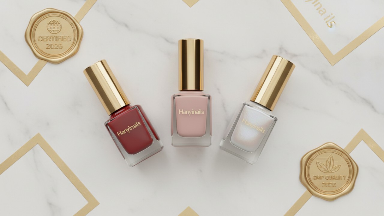 Luxury private label nail polish bottles with certification symbols