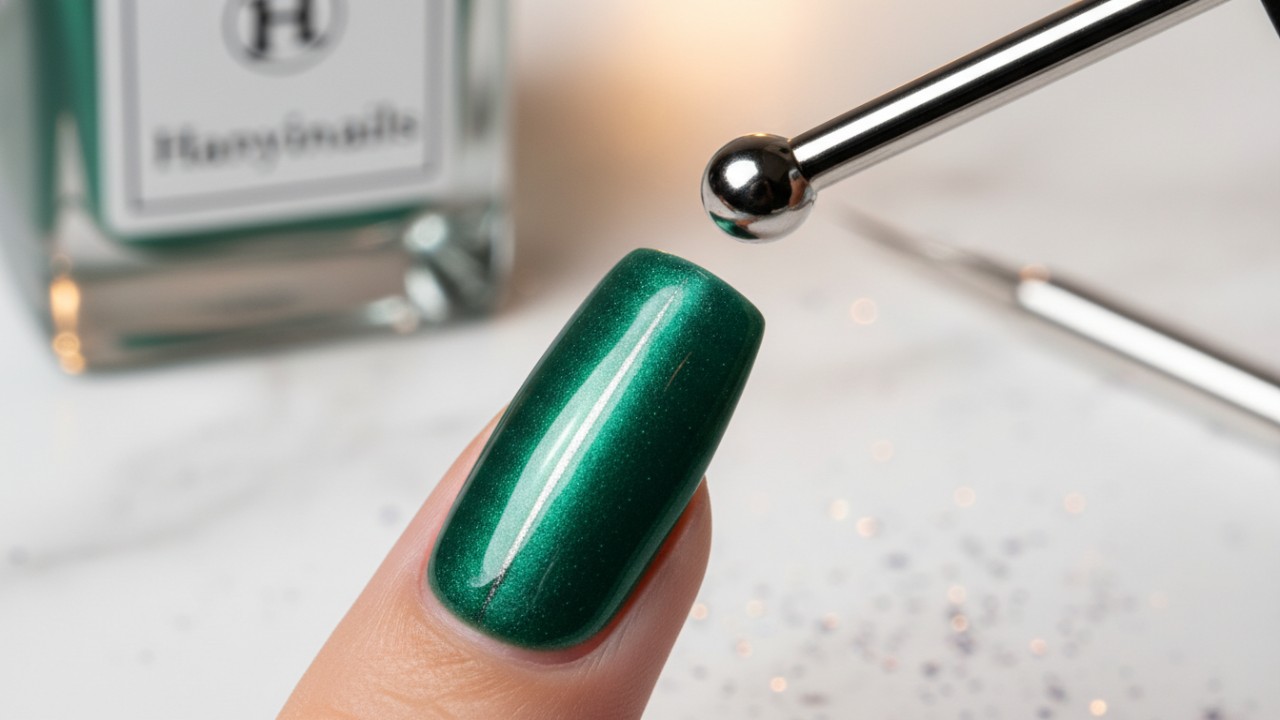 Magnetic wand creating a sharp silver line on emerald green cat eye gel polish