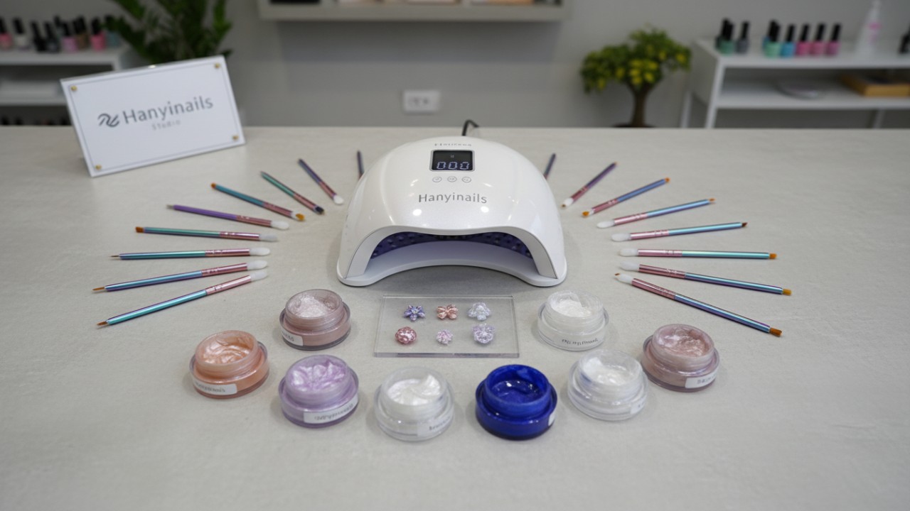 Modern nail technician workstation with 3D sculpting gel tools and equipment