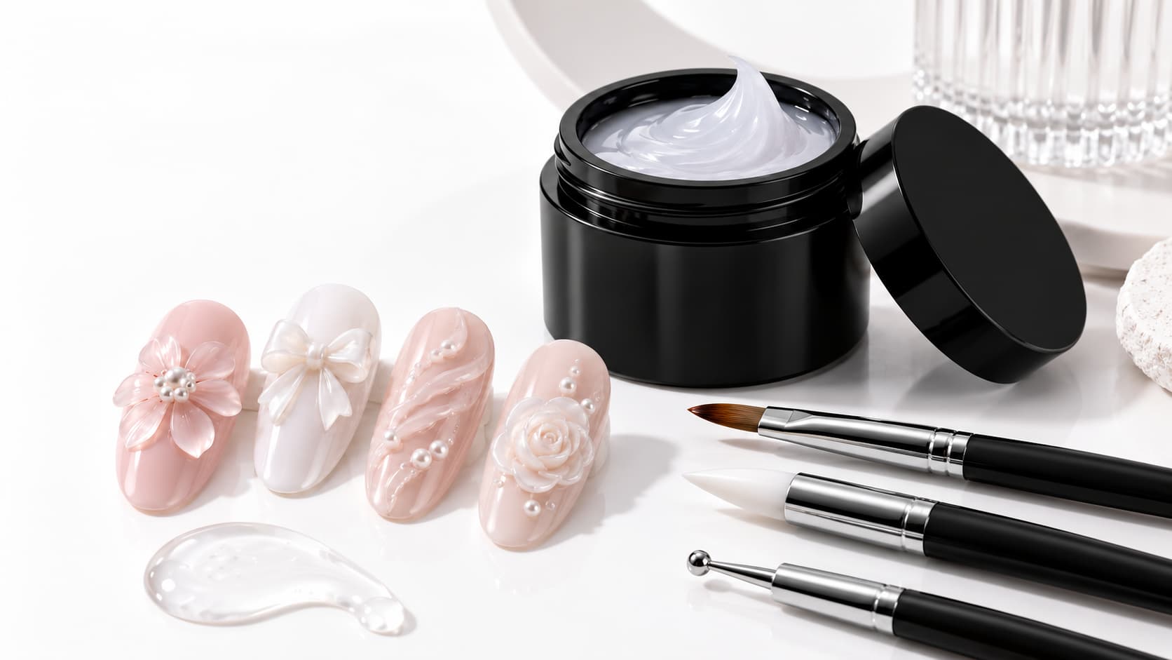 Molding gel for nails displayed with sculpting brush, silicone tool, dotting tool and raised 3D nail art samples