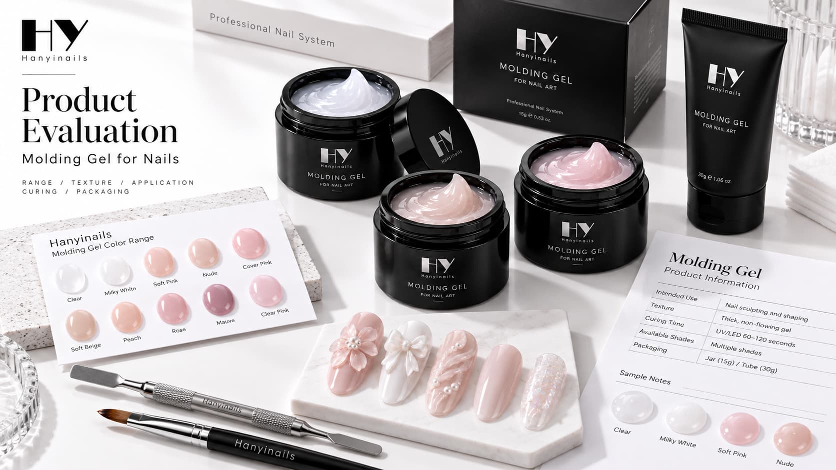 Molding gel products with shade samples, raised 3D nail art, sculpting tools, packaging and product information for professional buyer evaluation