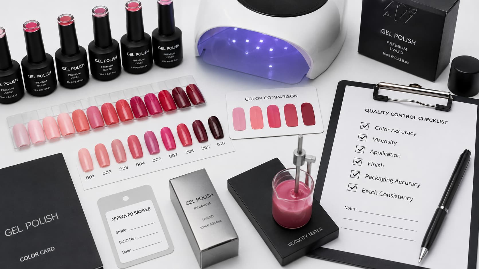 Nail polish manufacturer sample testing and quality control with gel polish samples, color swatches, curing lamp, viscosity test, packaging samples, and QC checklist