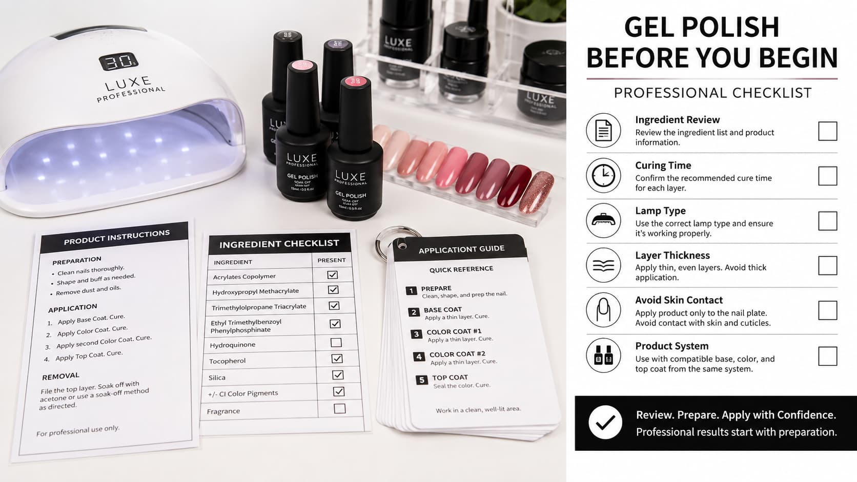 Nail professional gel polish use checklist with ingredient review, curing time, lamp type, layer thickness, skin contact precautions, and product system