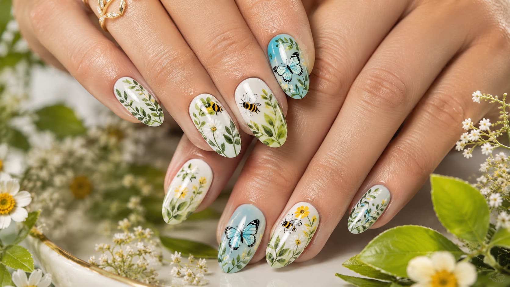 Nature-inspired Earth Day nail designs with leaves flowers and bees