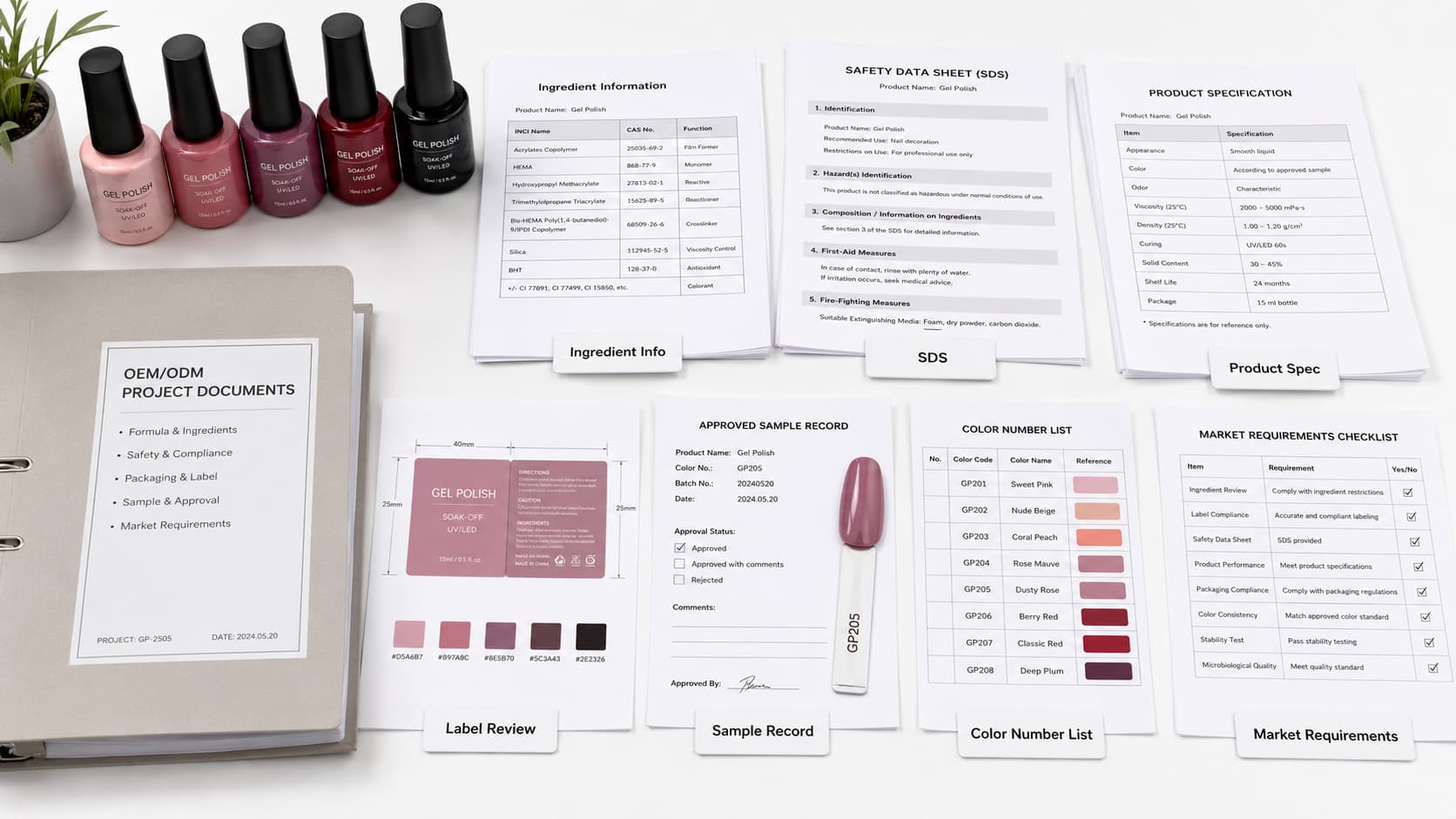 OEM ODM nail polish manufacturer document verification with SDS ingredient information product specifications label review sample record and market requirements
