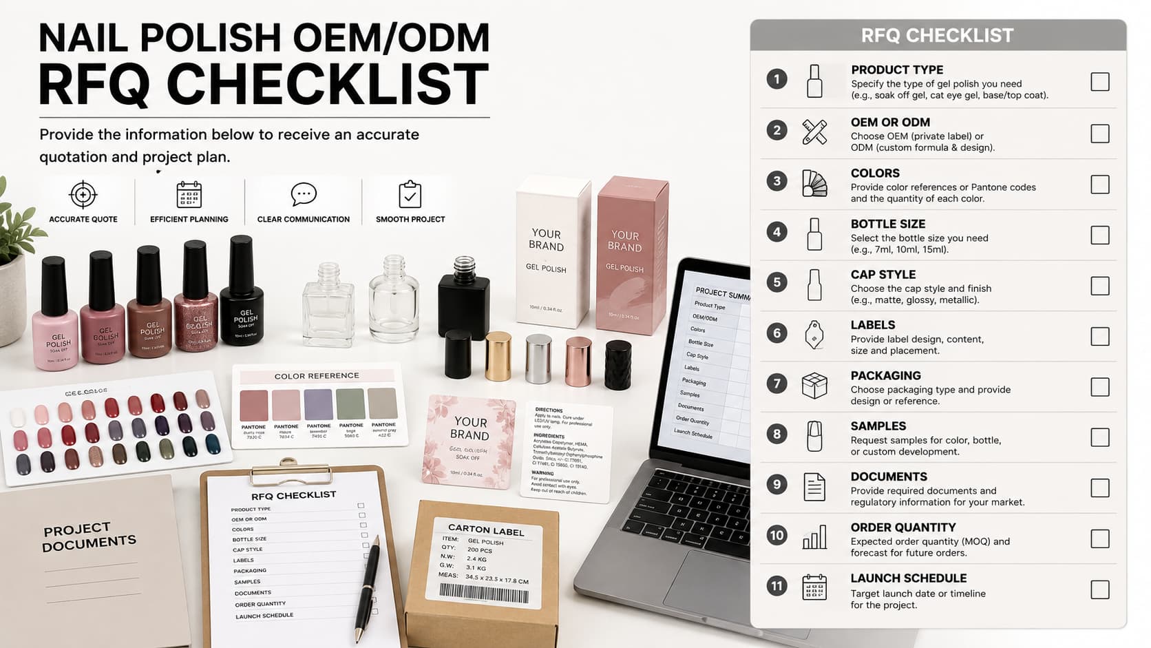 OEM ODM nail polish supplier RFQ checklist with product type colors bottle size cap style labels packaging samples documents order quantity and launch schedule
