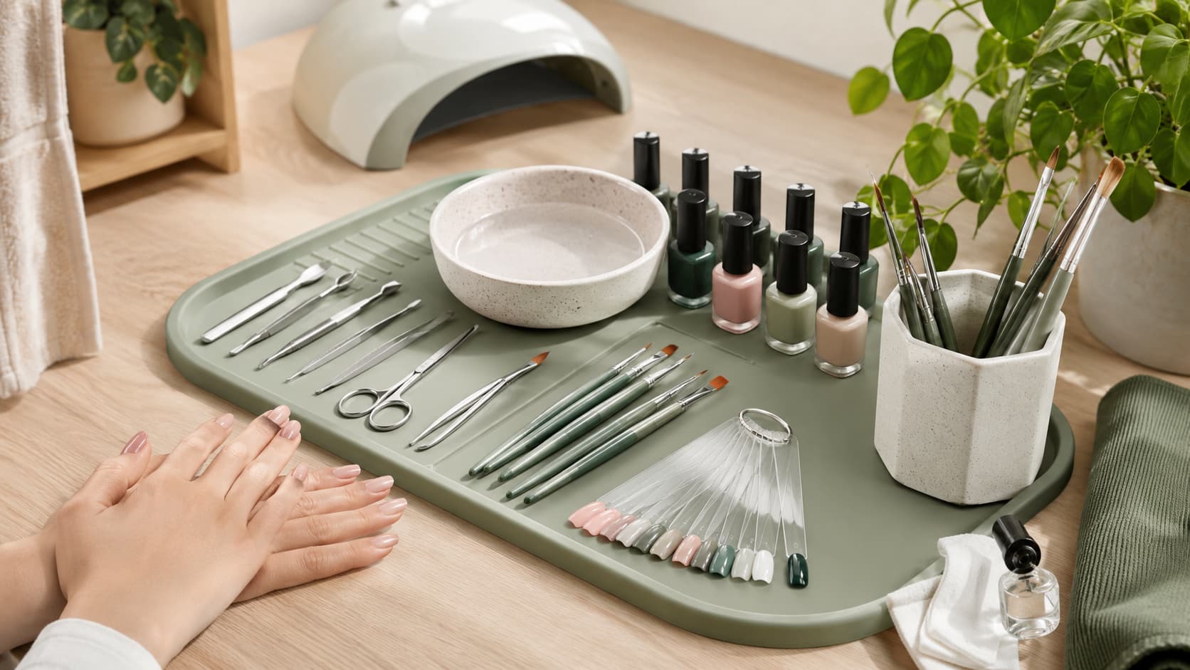 Lower-waste manicure setup with reusable nail tools and organized gel polish supplies