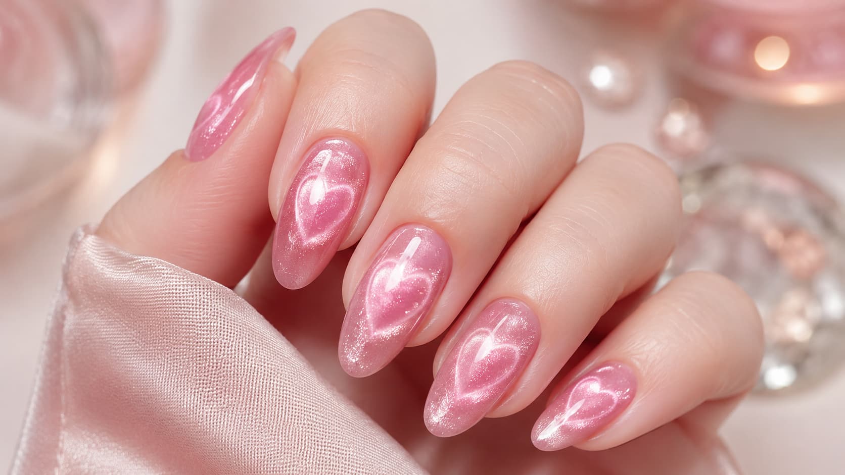 Pink heart cat eye nail design using cat eye gel polish