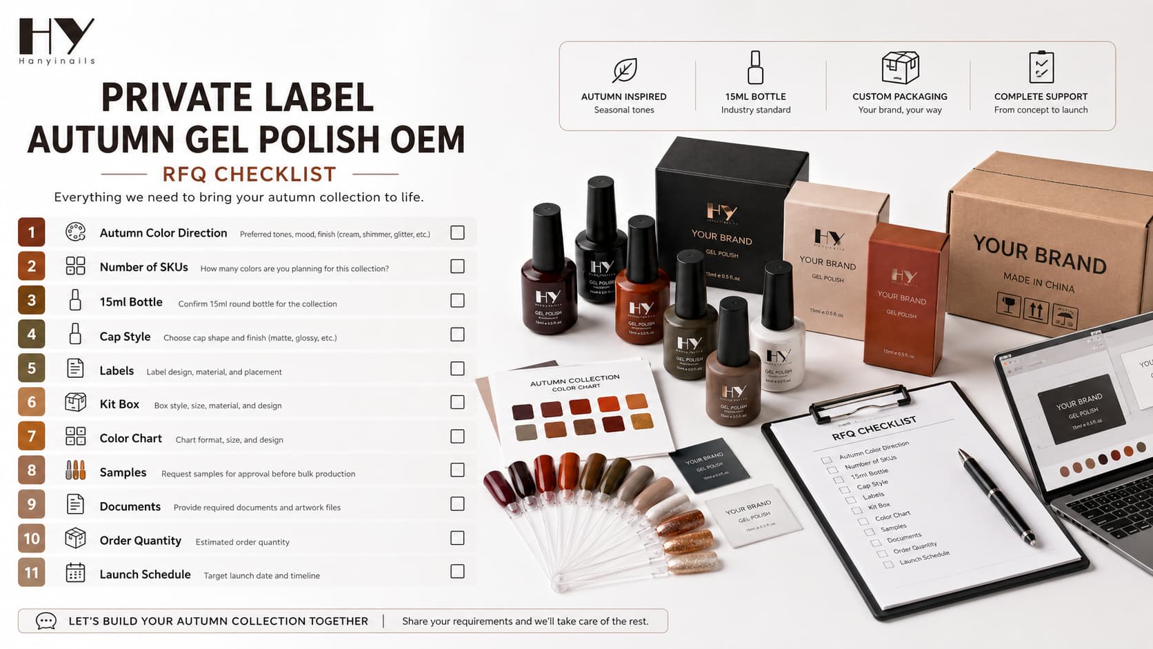 Private label autumn gel polish OEM RFQ checklist with color direction, SKUs, 15ml bottles, cap style, labels, kit box, color chart, samples, documents, and order quantity