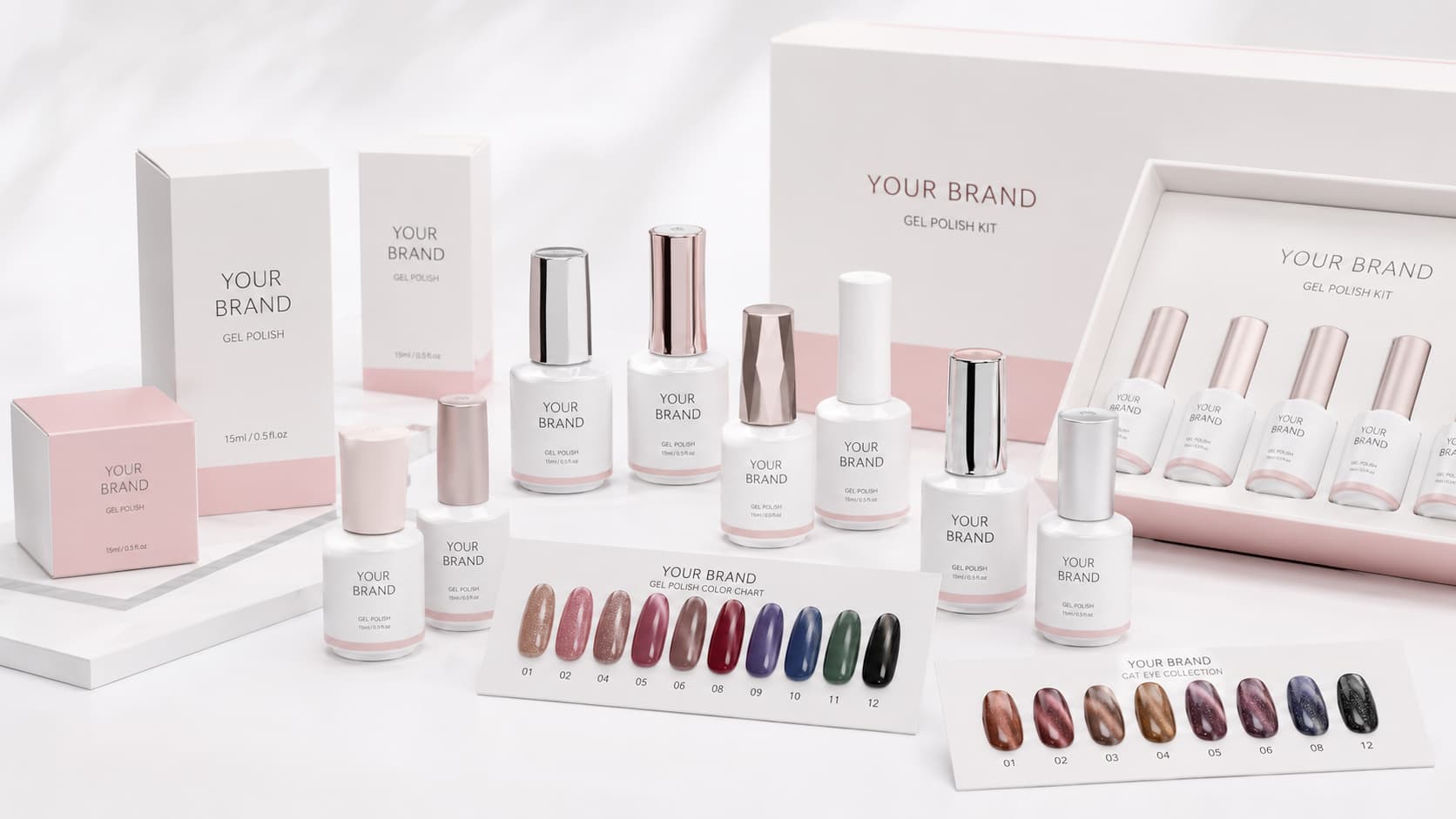 Private label gel nail polish packaging customization with bottles, caps, labels, kit boxes, and color charts