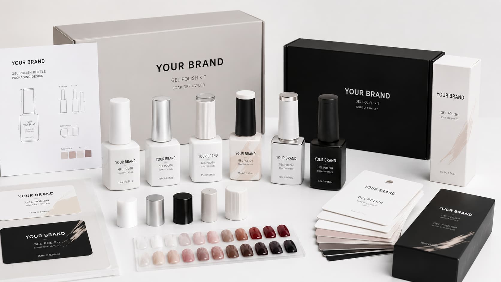 Private label gel polish packaging customization with bottles, cap styles, labels, boxes, kit packaging, and color charts