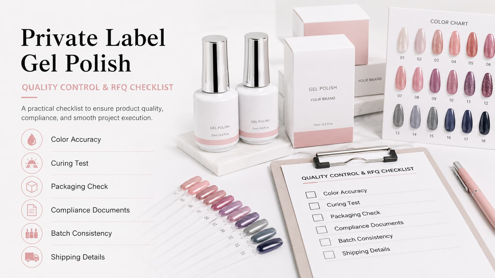 Private label gel polish quality control and RFQ checklist with samples, packaging, color chart, and inspection items