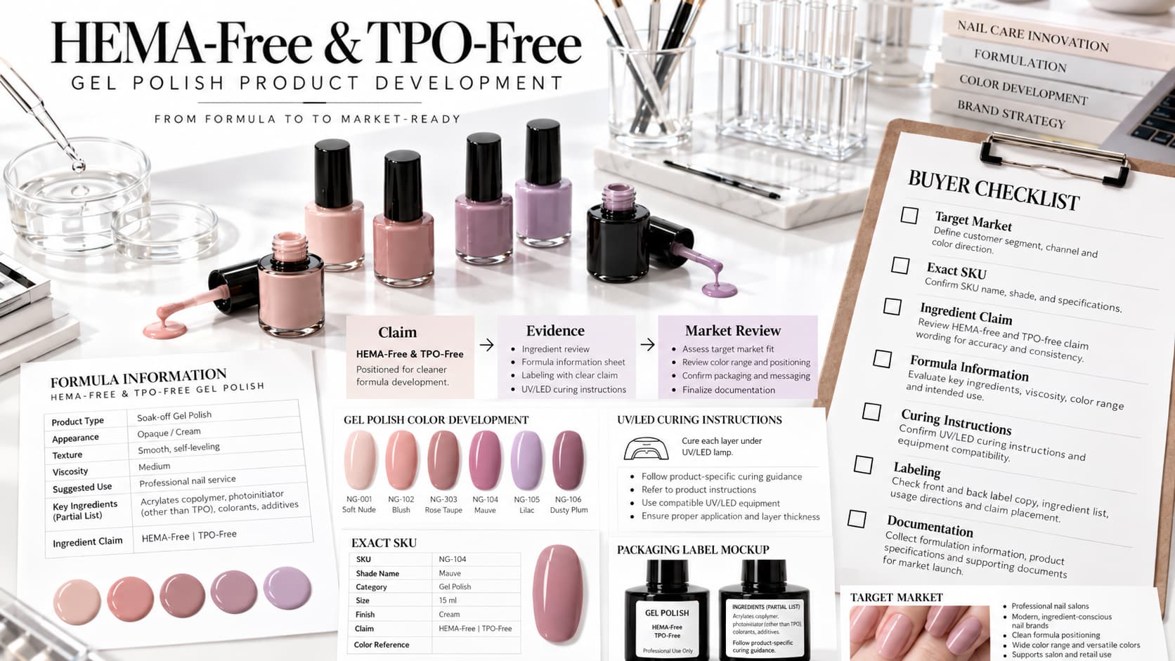 Private label HEMA-free and TPO-free gel polish evaluation with exact SKU, formula information, curing instructions, label review, target market and buyer verification checklist