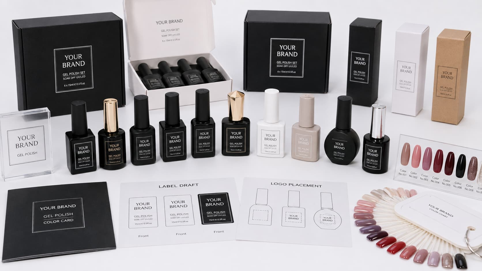 Private label nail polish customization options with bottle shapes, cap styles, labels, packaging boxes, color charts, and swatches