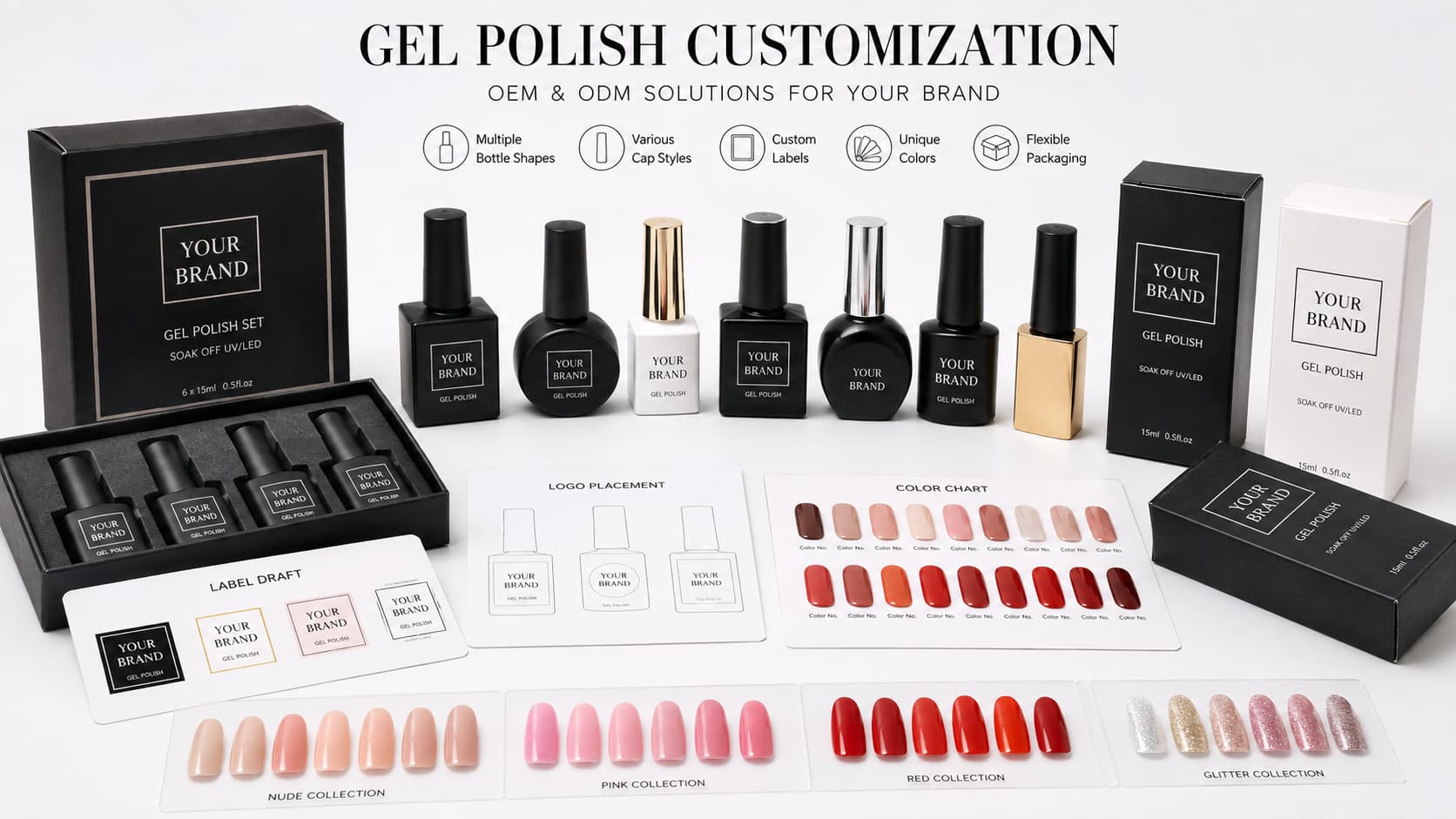 Private label nail polish customization options with gel polish bottles, bottle shapes, cap styles, labels, packaging boxes, color charts, and swatches
