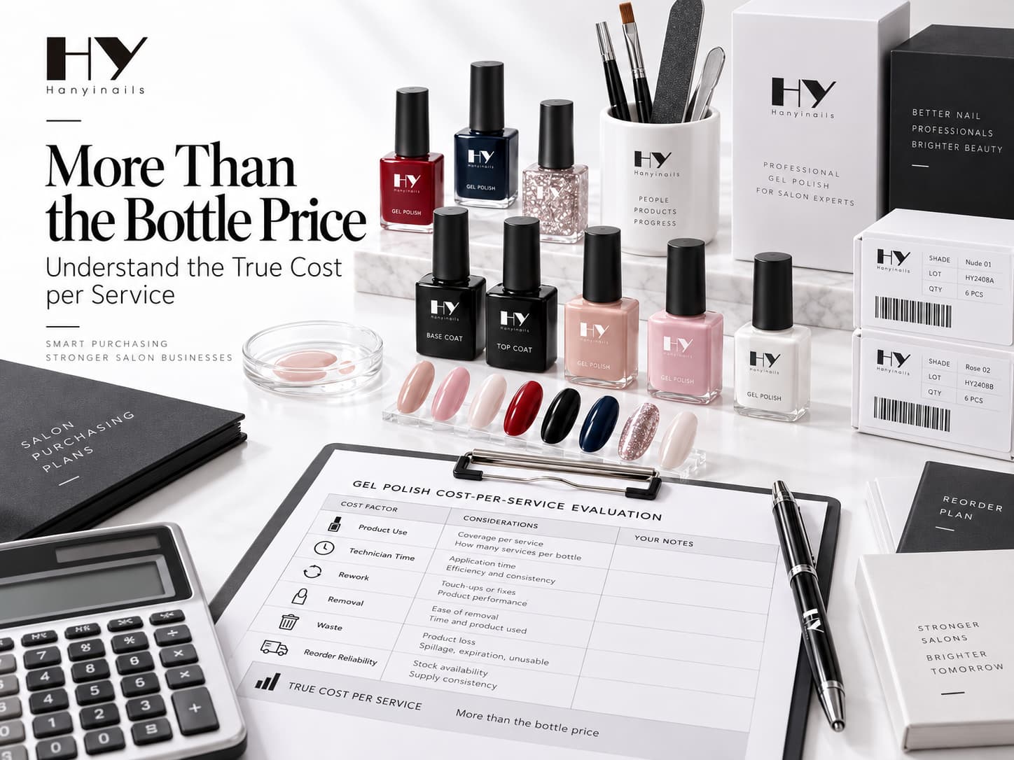 Professional gel polish buyer evaluation with product samples, nail swatches, manicure tools, packaging, calculator and cost-per-service assessment materials