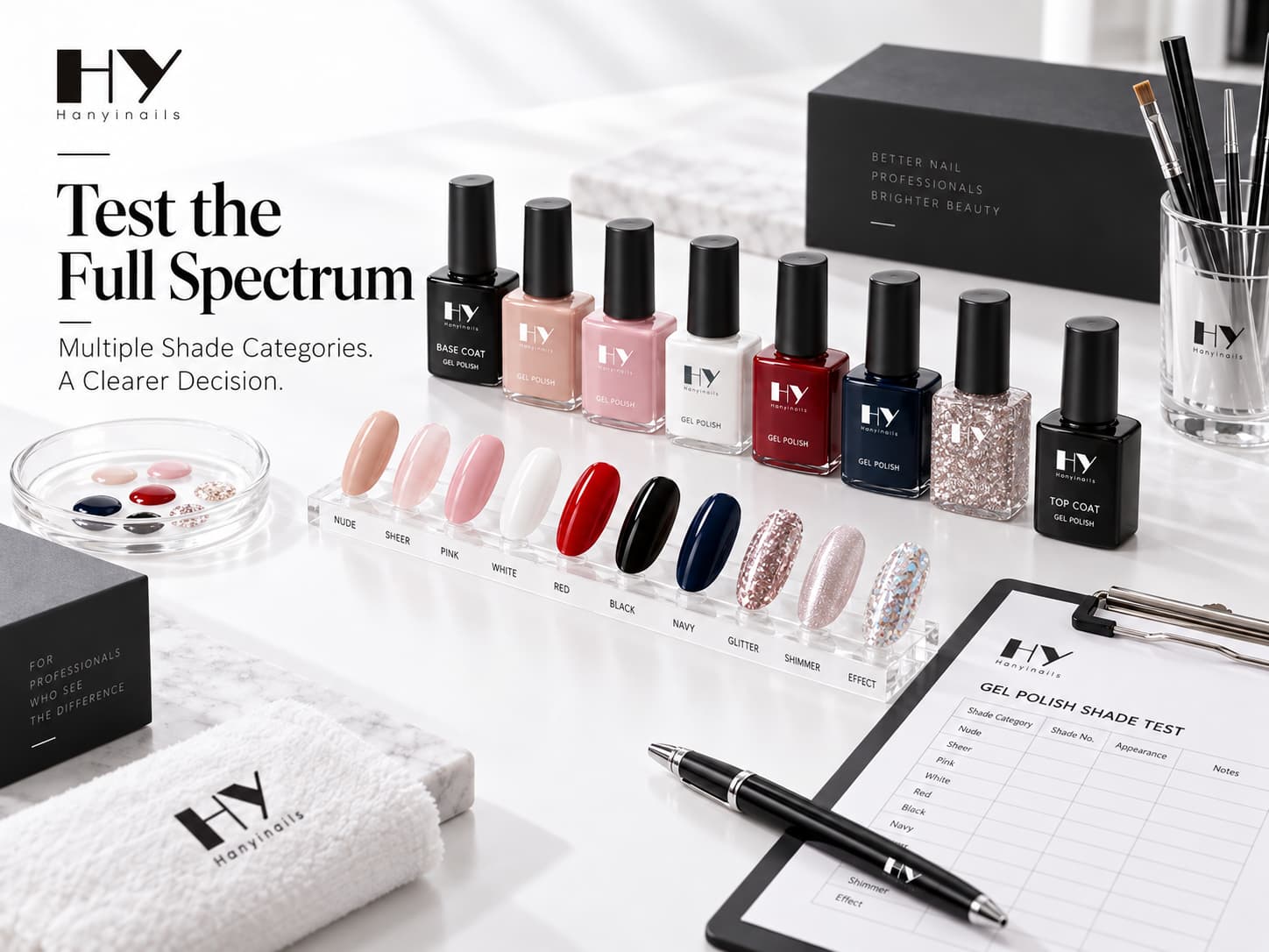 Professional gel polish sample testing with nude, sheer pink, white, red, black, dark blue and glitter nail swatches, gel polish bottles, base coat, top coat and salon tools