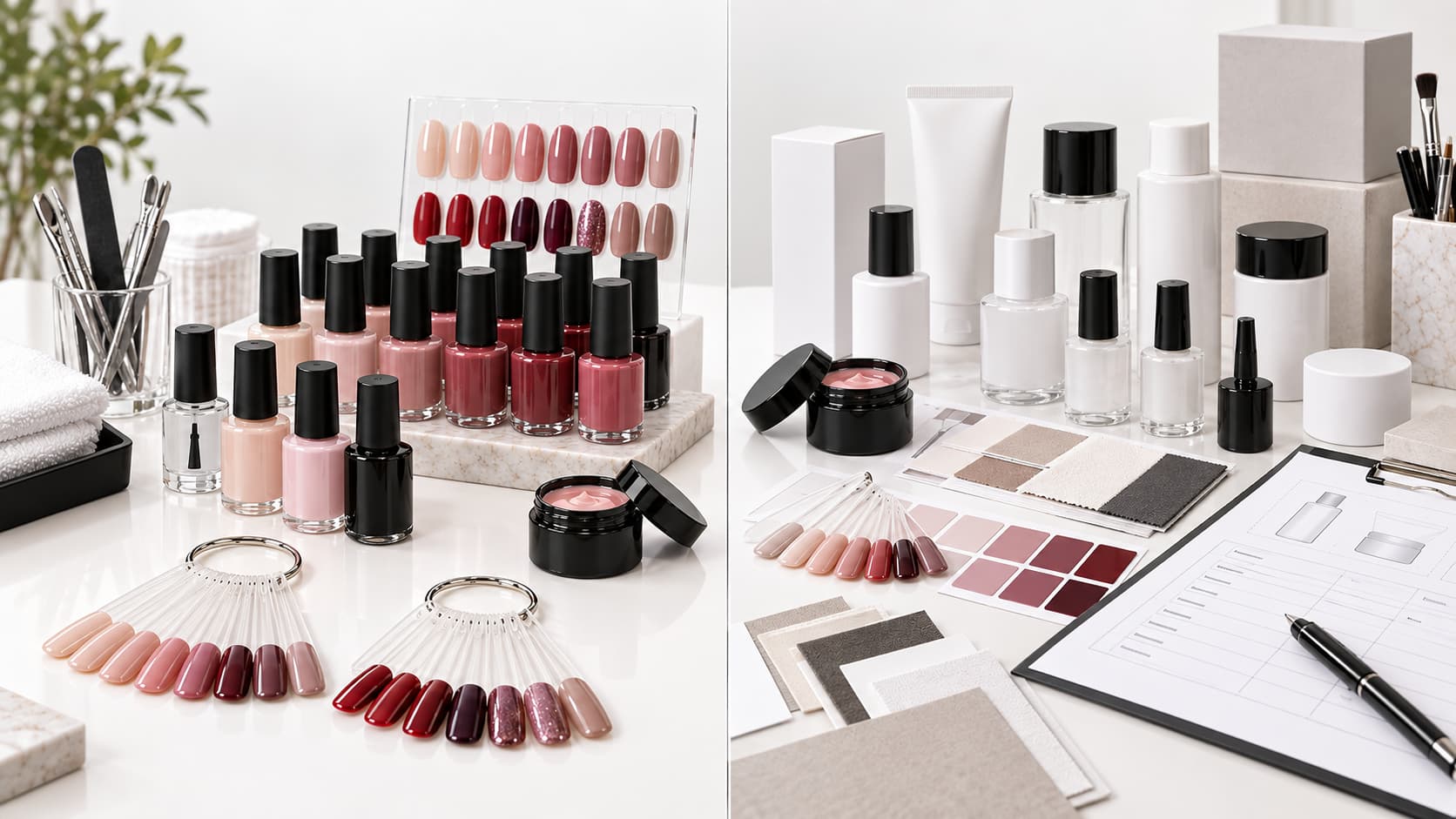 Professional gel polish system compared with private-label nail gel development using unbranded salon products, blank packaging, shade samples, label mockups, specification sheets and sourcing materials