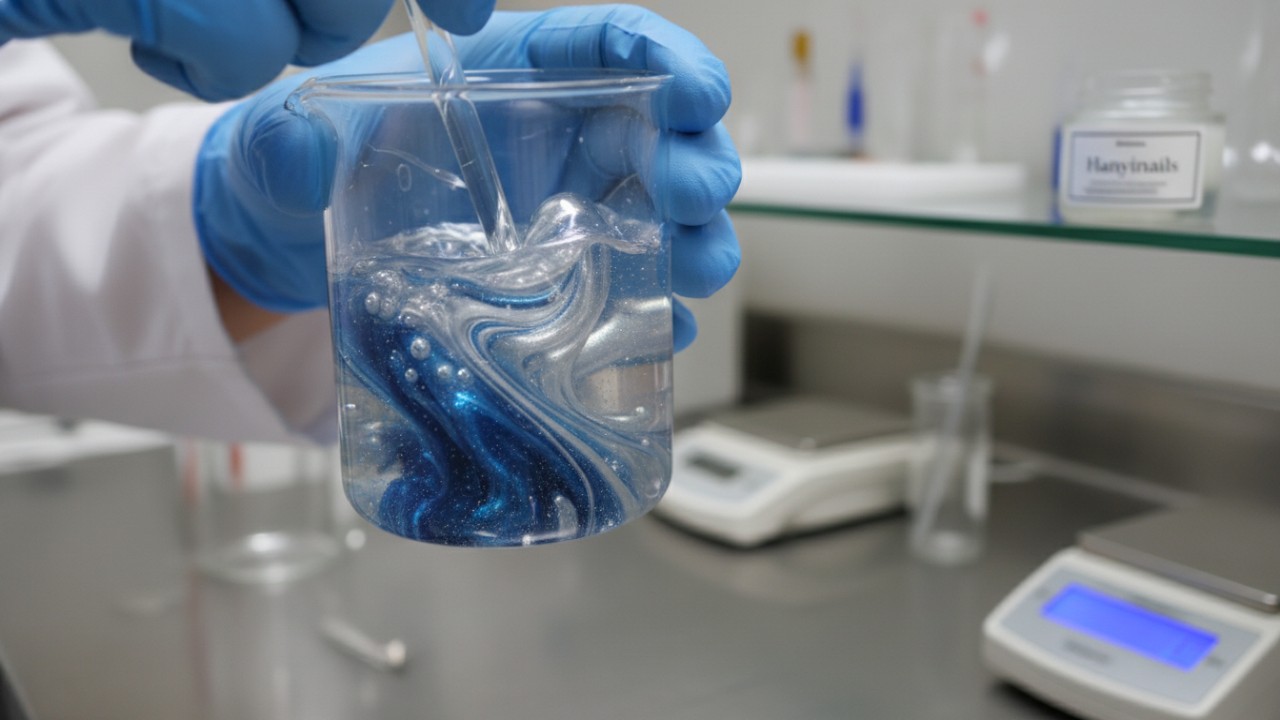 Professional lab setting showing the manufacturing process of magnetic cat eye nail polish