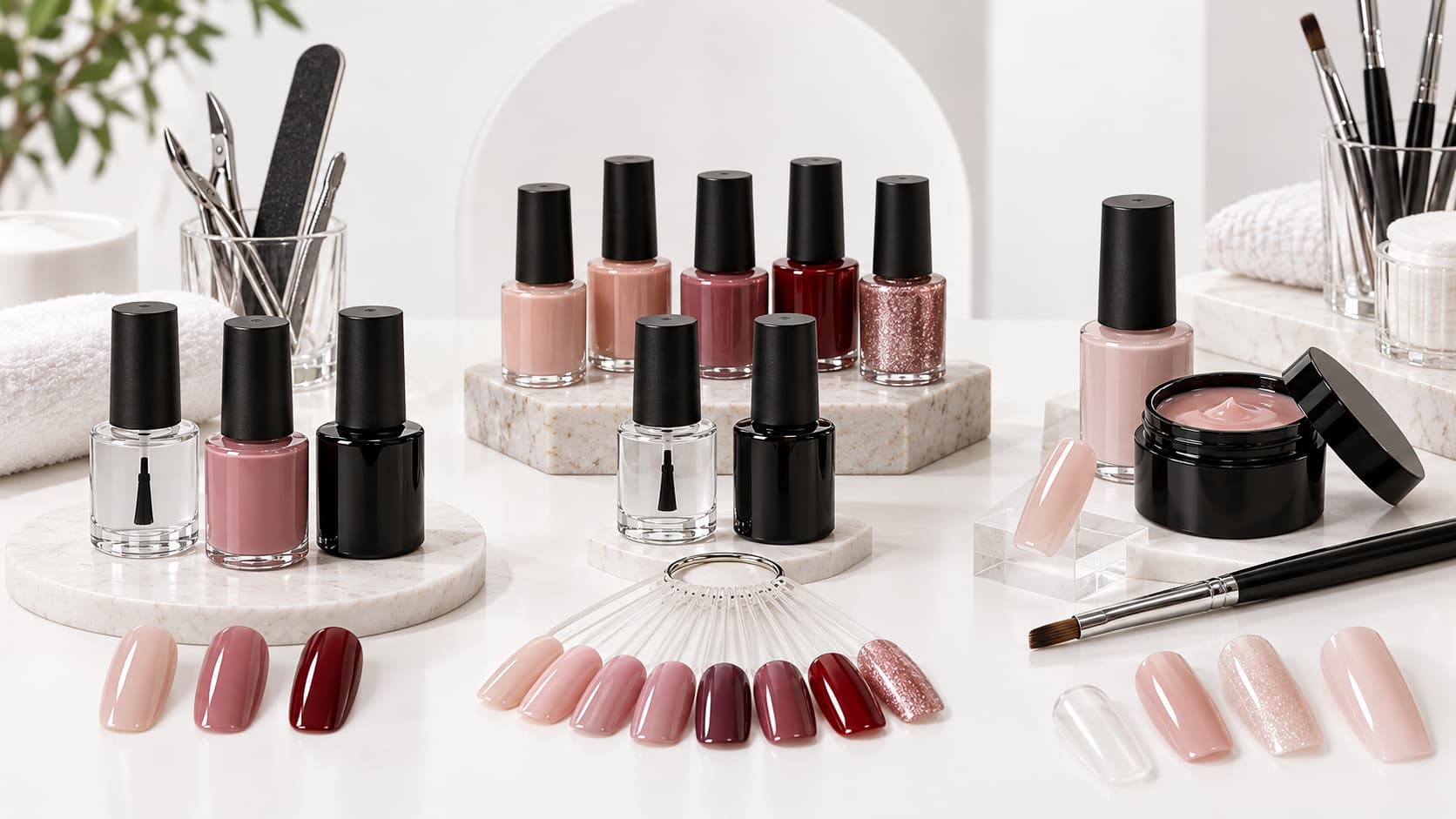 Professional nail gel systems showing gel color, soak-off gel polish and builder gel product roles with base coats, color bottles, top coats, nail swatches and salon tools