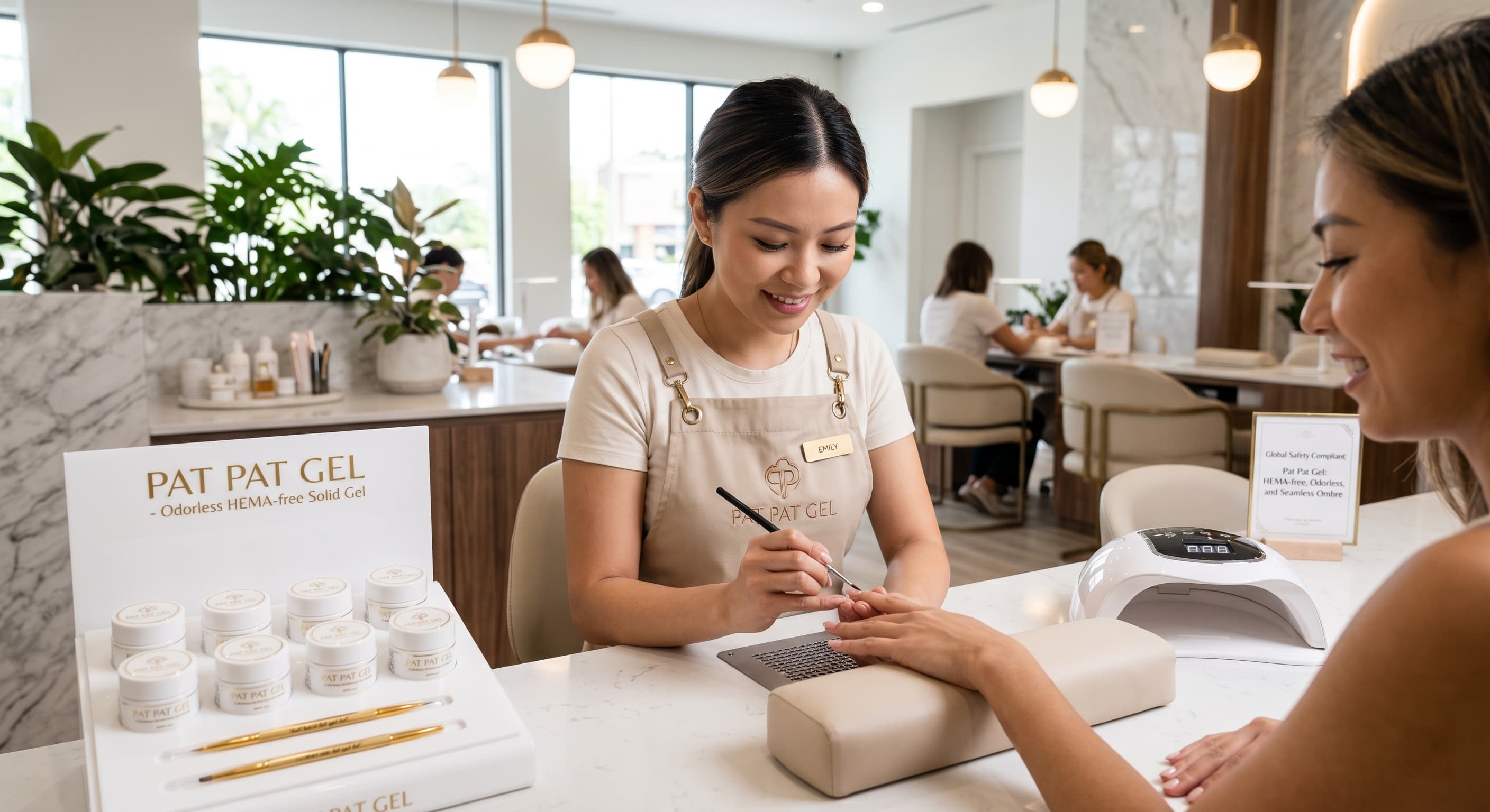 Professional nail technician applying premium odorless Pat Pat Gel in a luxury salon setting.