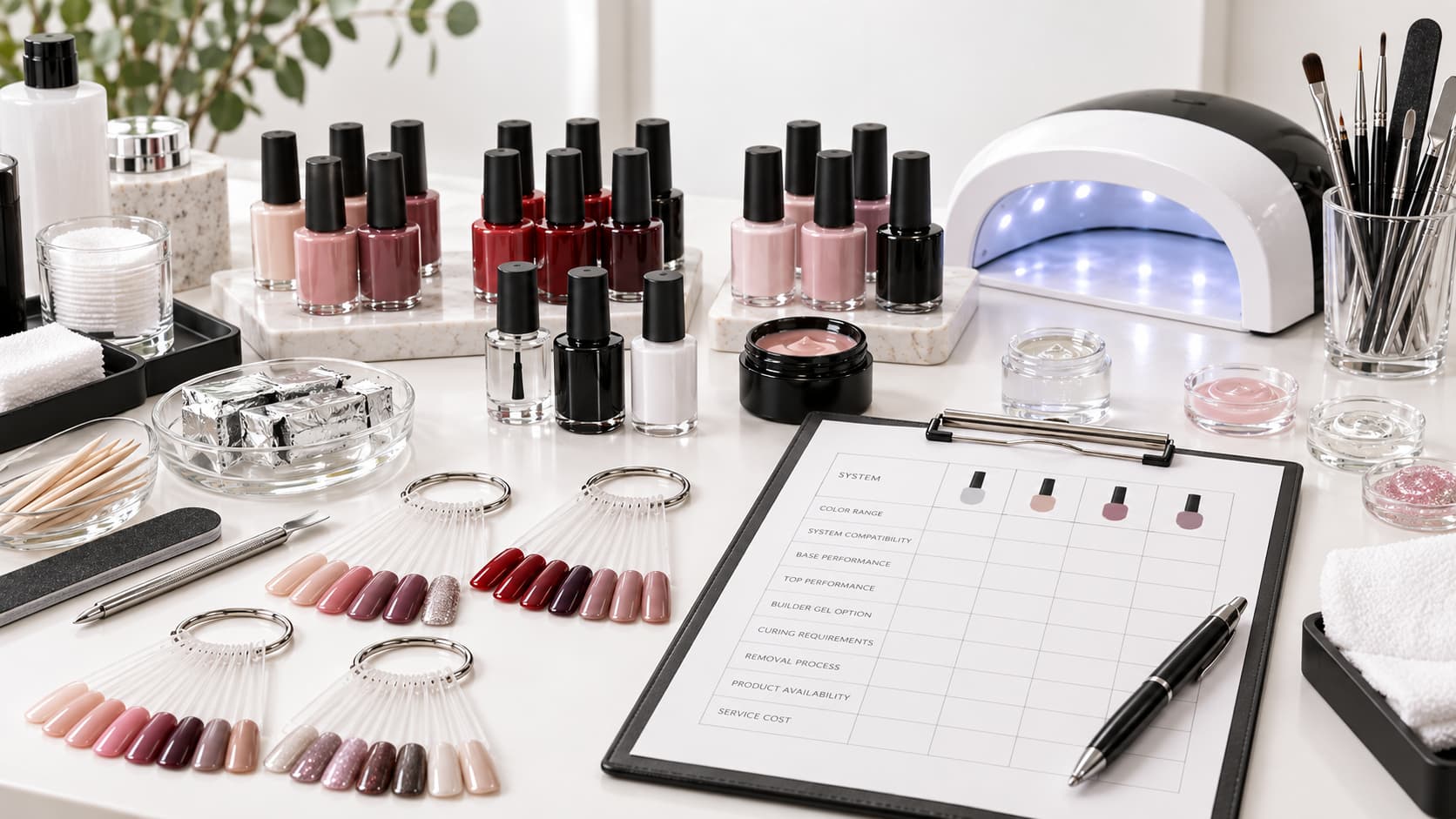 Professional nail technician comparing gel polish systems with color swatches, base and top products, builder gel, curing equipment, manicure tools, removal materials and evaluation sheet