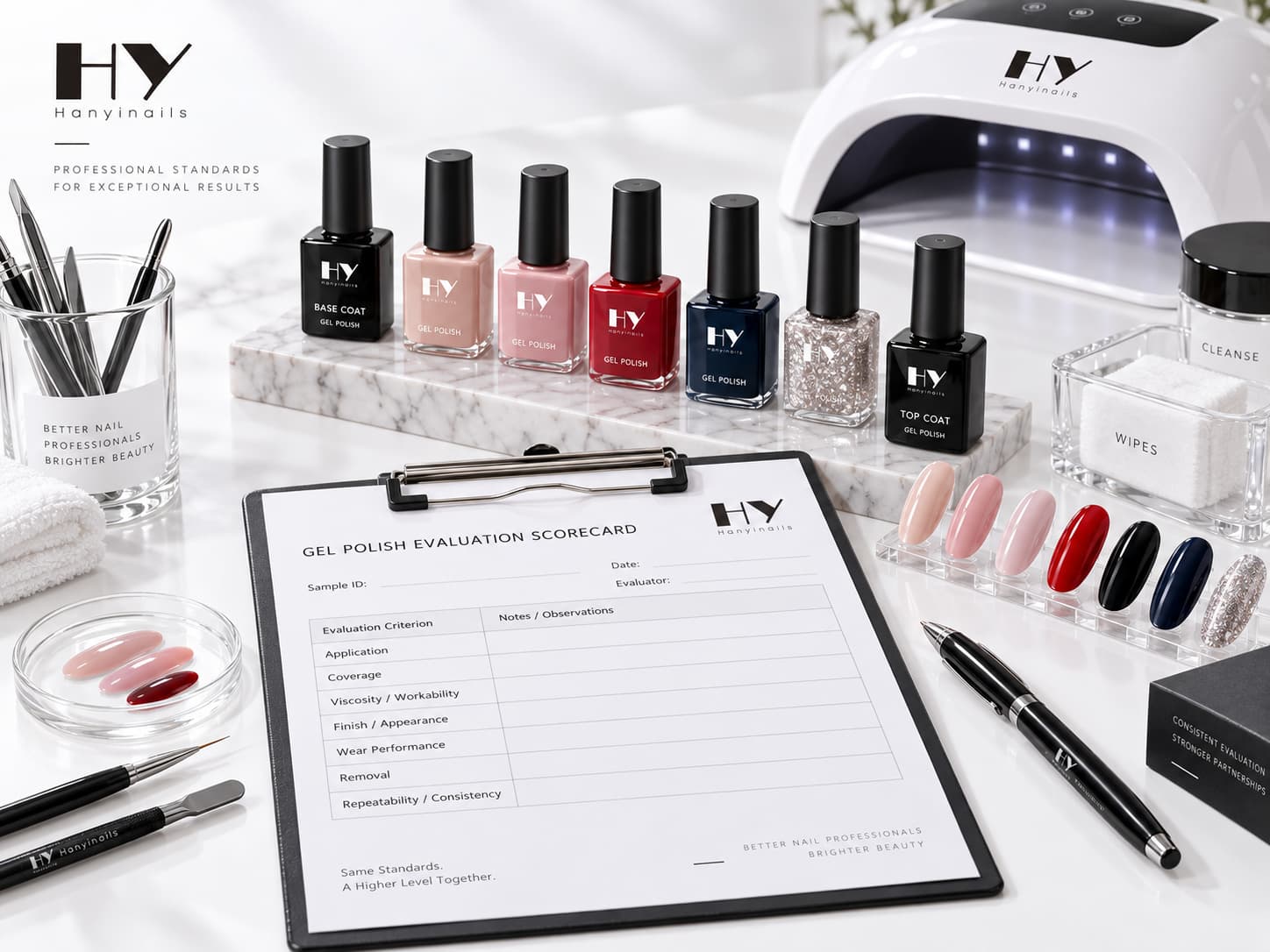 Professional salon gel polish evaluation with nail swatches, gel polish bottles, curing equipment, manicure tools and a standardized product test scorecard