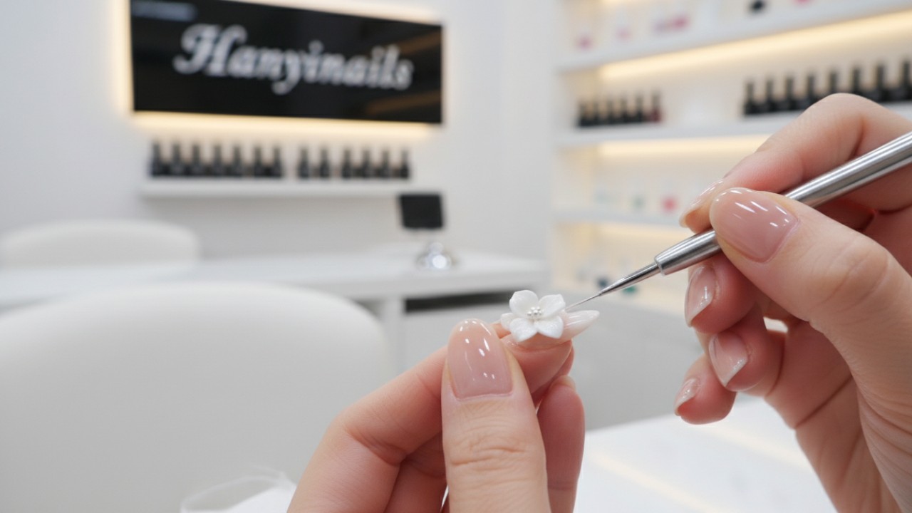 Professional technician sculpting a 3D flower design using high viscosity nail gel