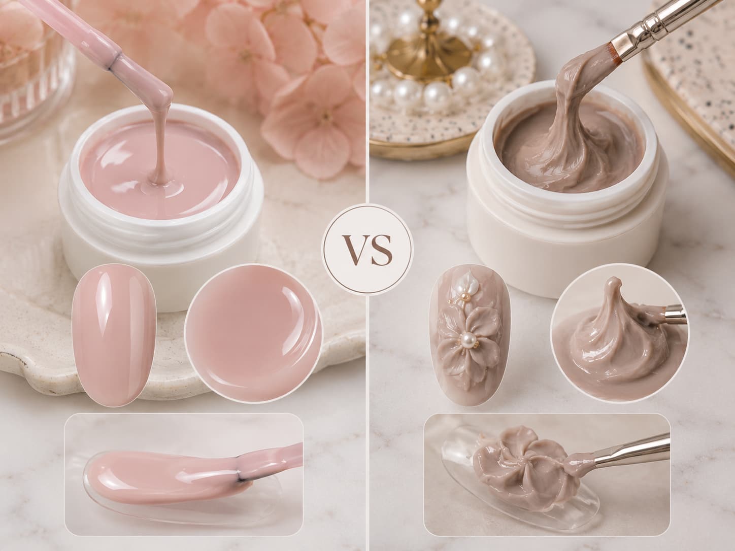 Regular gel polish vs 3D nail art gel texture comparison