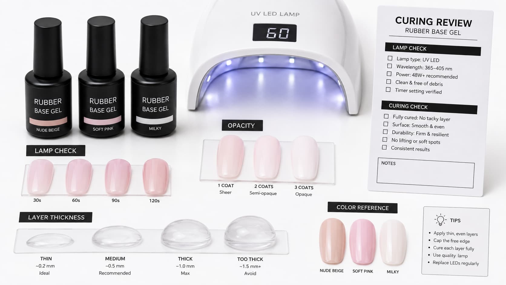 Rubber base gel curing check with UV LED lamp, curing time swatches, opacity samples, layer thickness examples, and curing review checklist