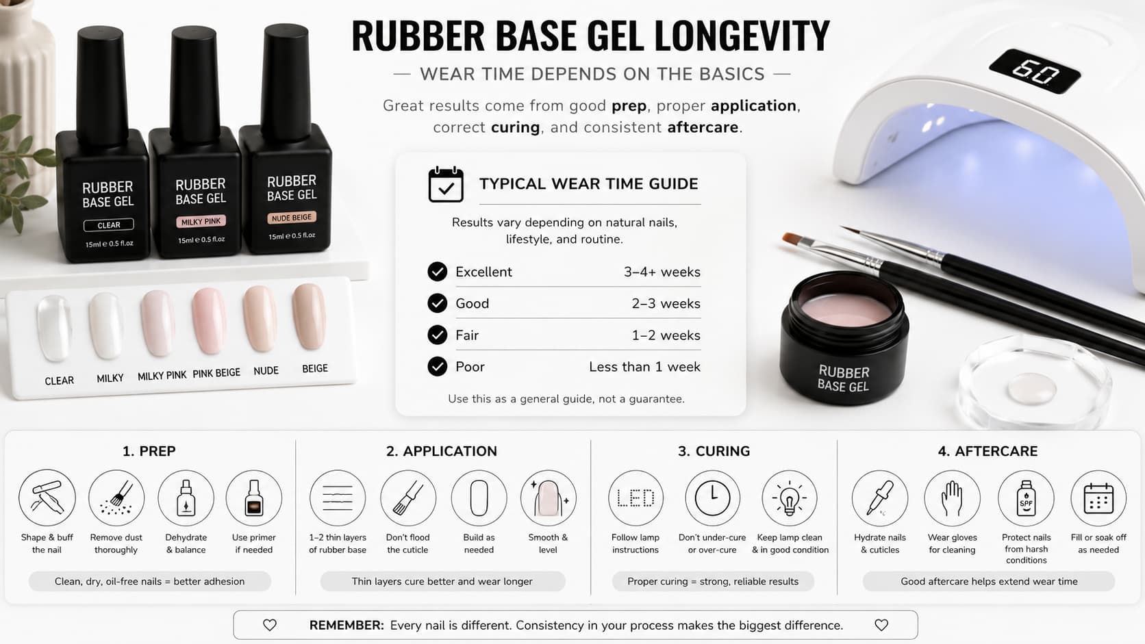 Rubber base gel longevity checklist with nail prep, thin layer application, curing, aftercare, neutral swatches, and UV LED lamp