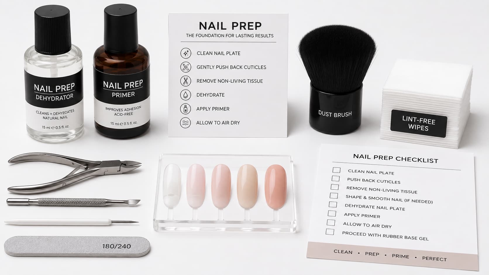 Rubber base gel nail prep with dehydrator, primer, cuticle tools, dust brush, lint-free wipes, nail file, and prep checklist