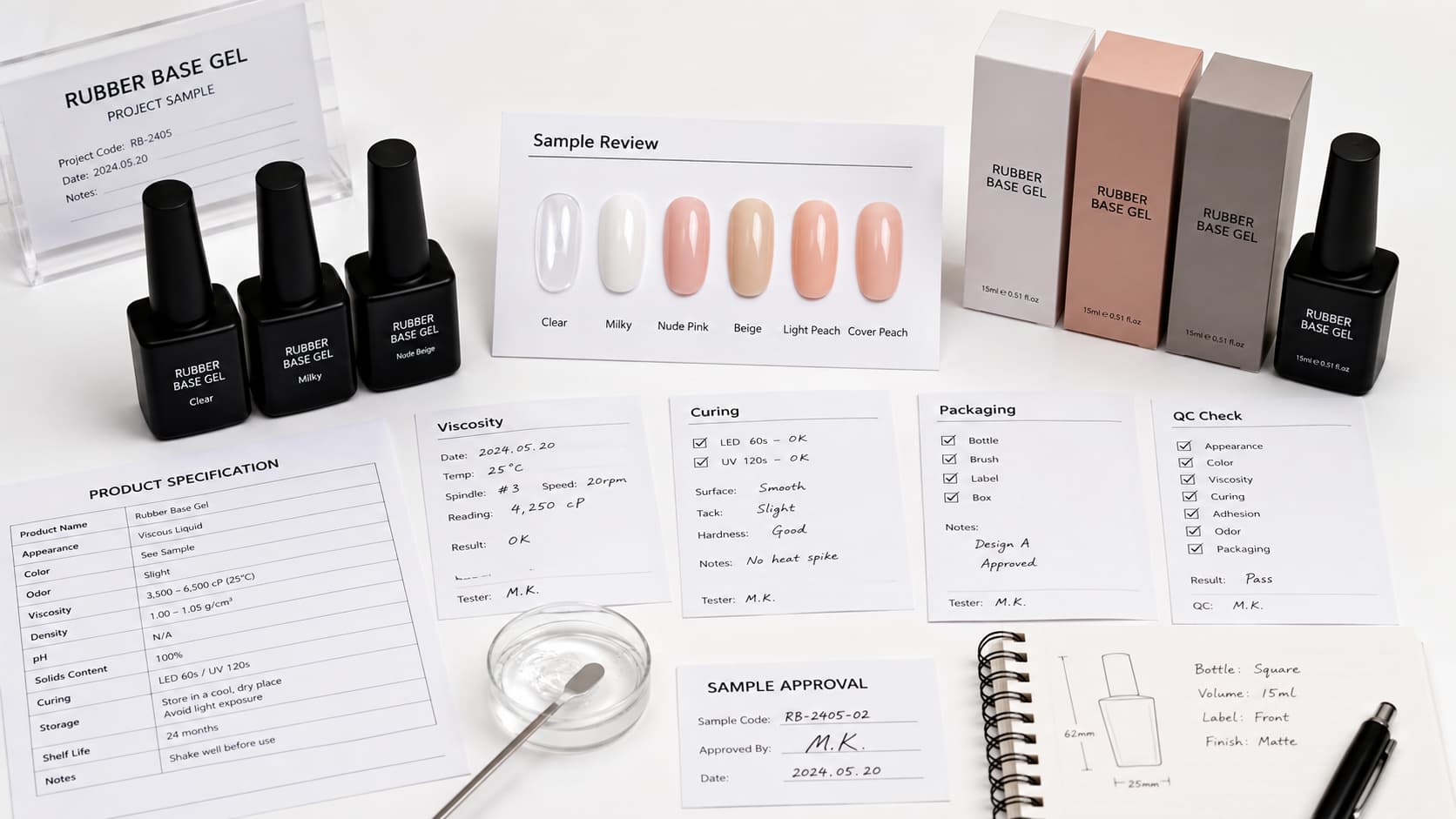 Rubber base gel OEM sample testing with neutral swatches, product specification, viscosity review, curing check, packaging mockups, sample approval, and QC checklist