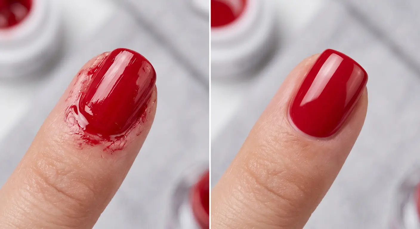 runny liquid nail polish pooling messily into a client's cuticle area vs. a perfectly clean, crisp application of a creamy, semi-solid gel resting flawlessly
