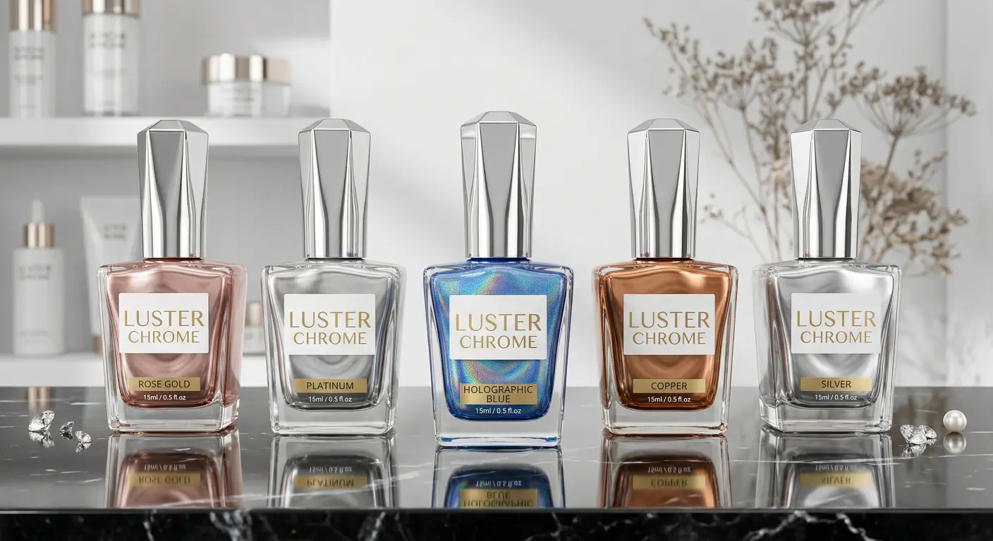 several elegantly branded, custom-designed glass bottles of liquid chrome nail polish lined up on a reflective surface. - Hanyinails