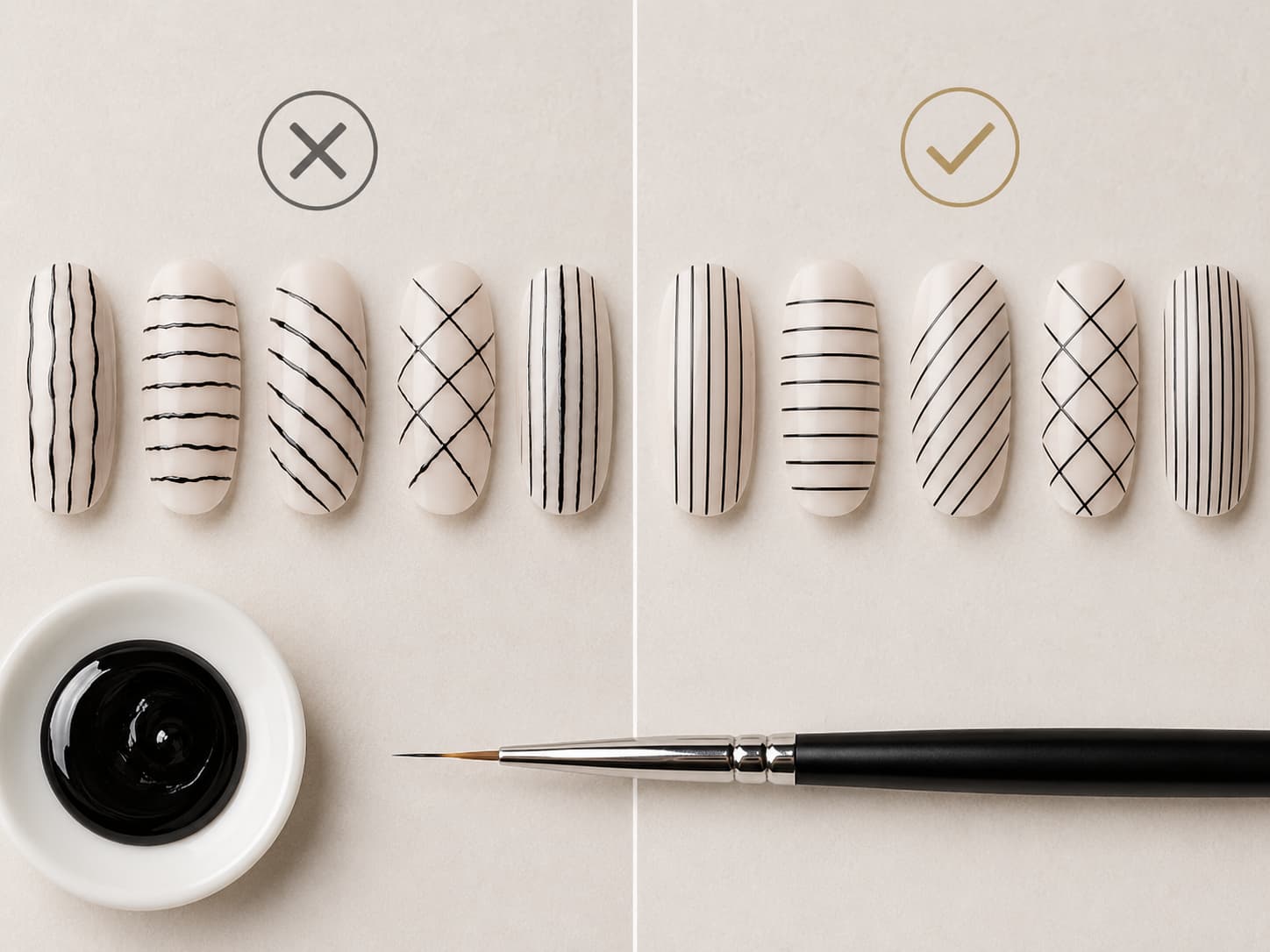 Shaky fine lines vs clean liner art nail gel application