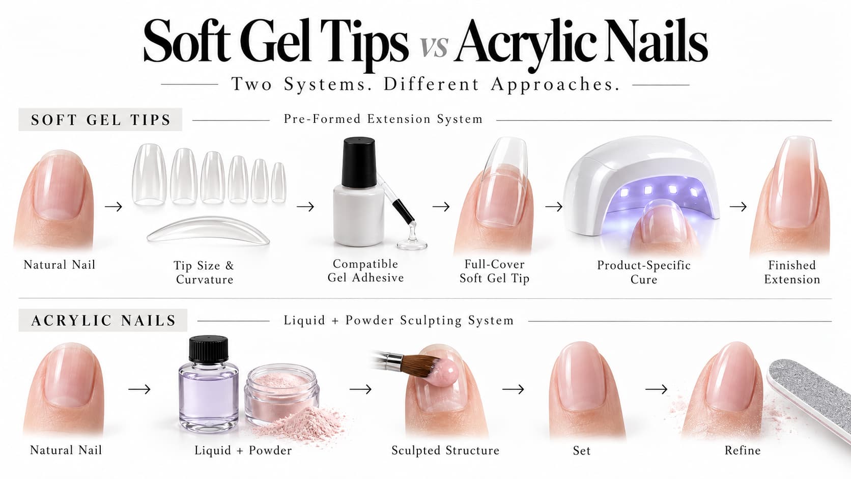 Soft gel tip application system showing nail fit, tip size and curvature, compatible gel adhesive, full-cover tip placement, product-specific curing and acrylic sculpting comparison