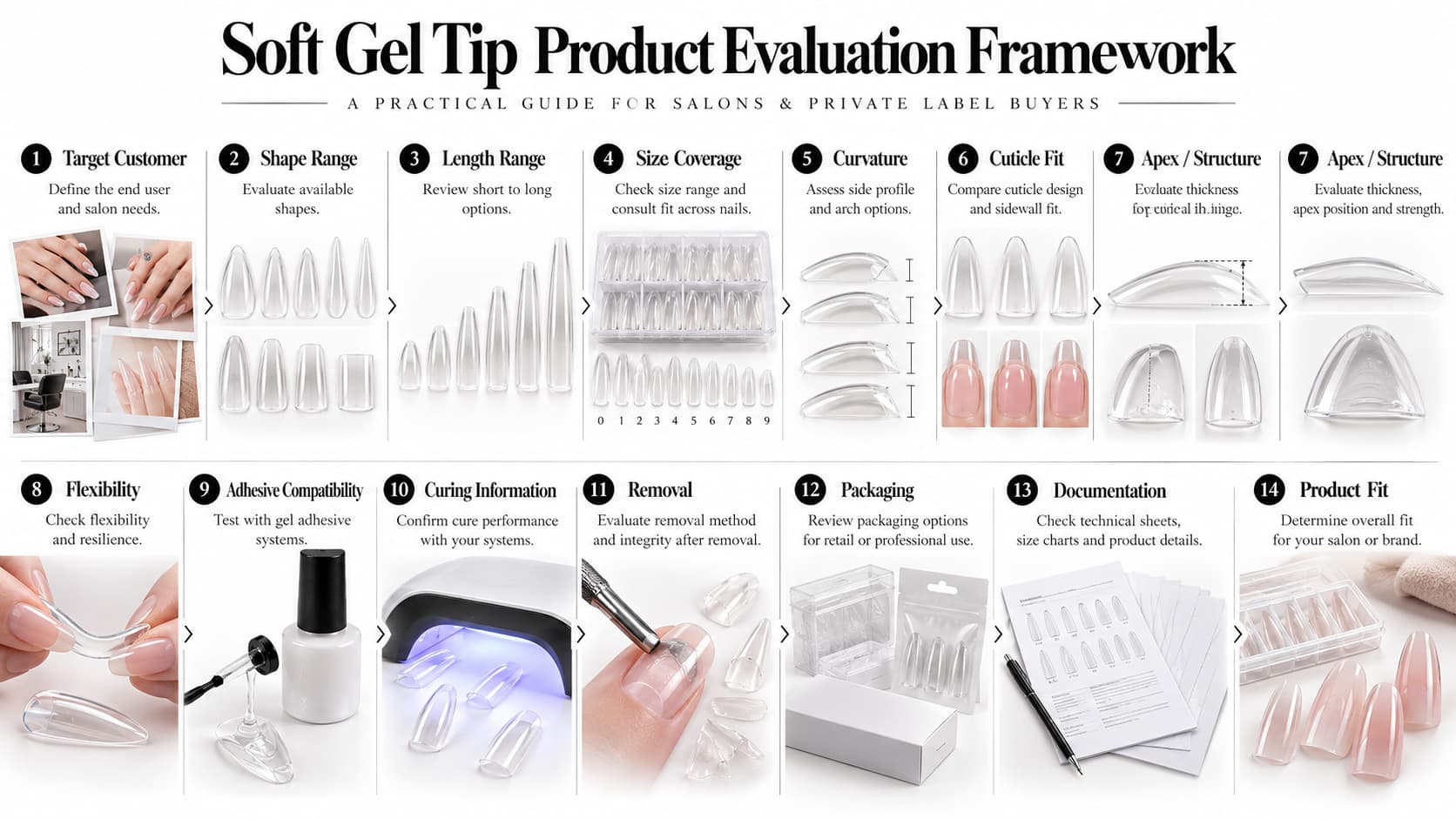 Soft gel tip product evaluation framework covering shape range, length, size coverage, curvature, cuticle fit, apex structure, flexibility, adhesive compatibility, curing, removal, packaging and documentation