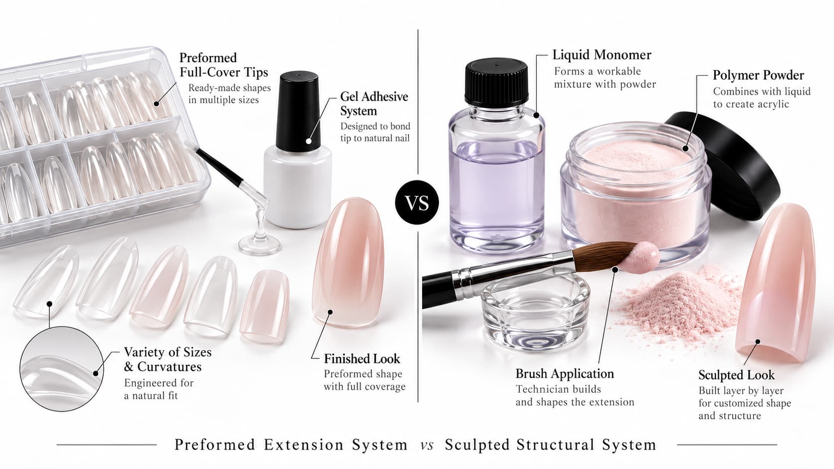 Soft gel tips vs acrylic nails comparison showing preformed full-cover gel extensions with gel adhesive versus sculpted acrylic structures made from liquid monomer and polymer powder