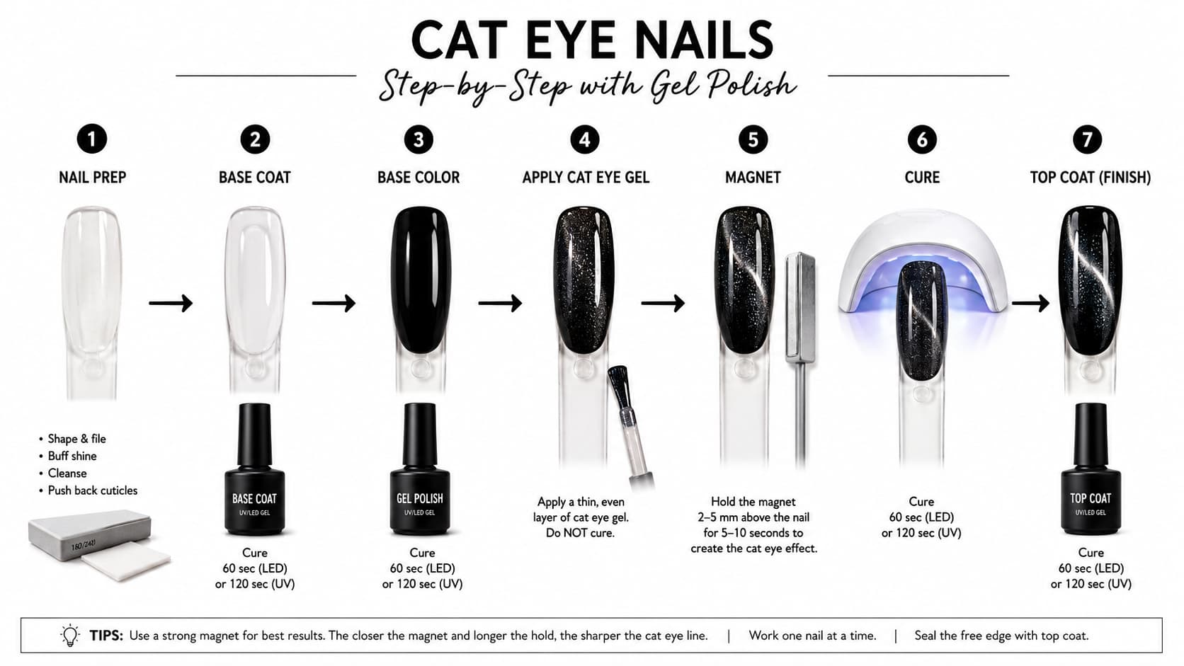 Step-by-step cat eye gel polish process with nail prep, base coat, base color, magnetic gel, magnet use, UV LED curing, and top coat