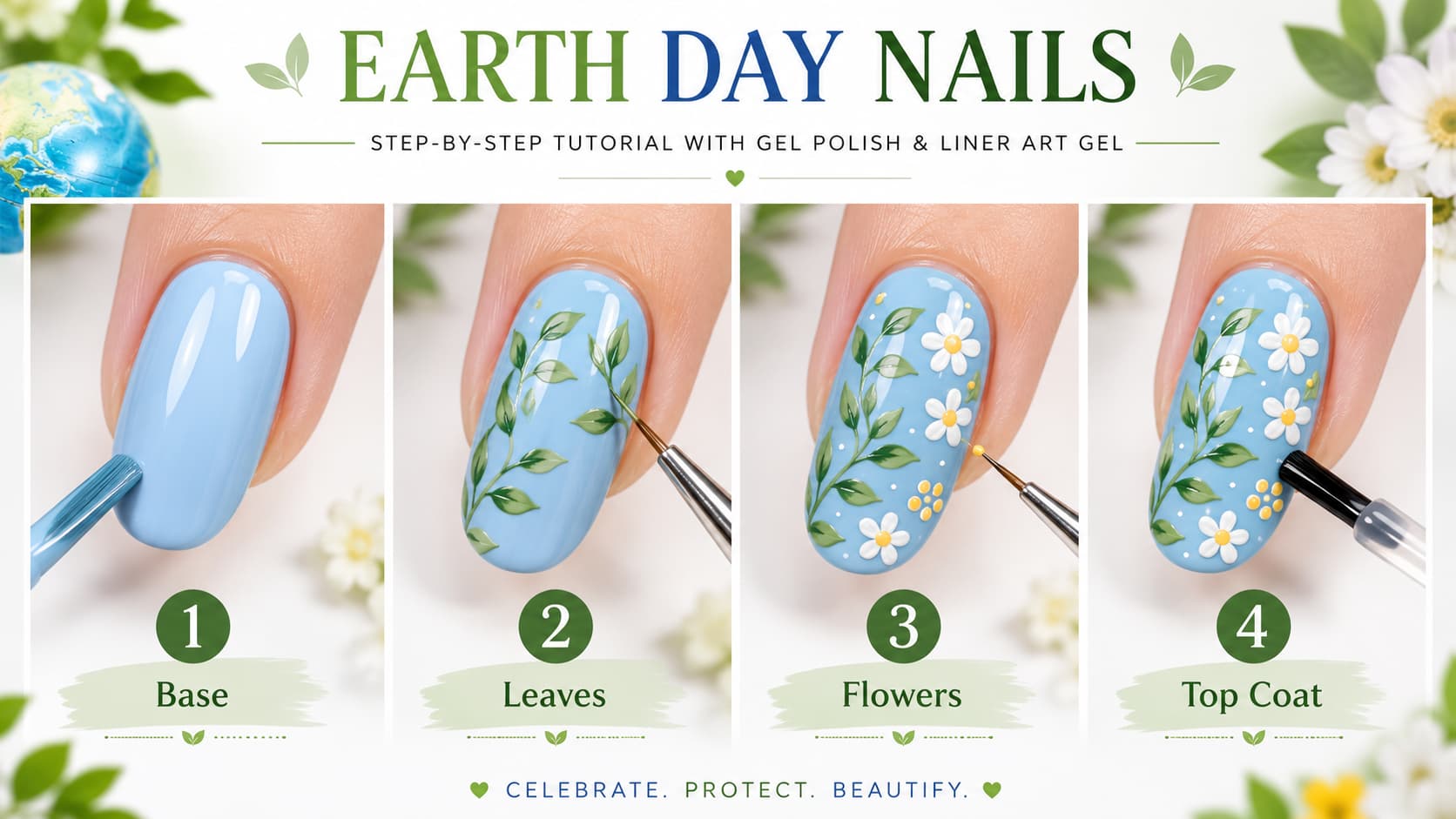 Step-by-step Earth Day nails tutorial with gel polish and liner art gel