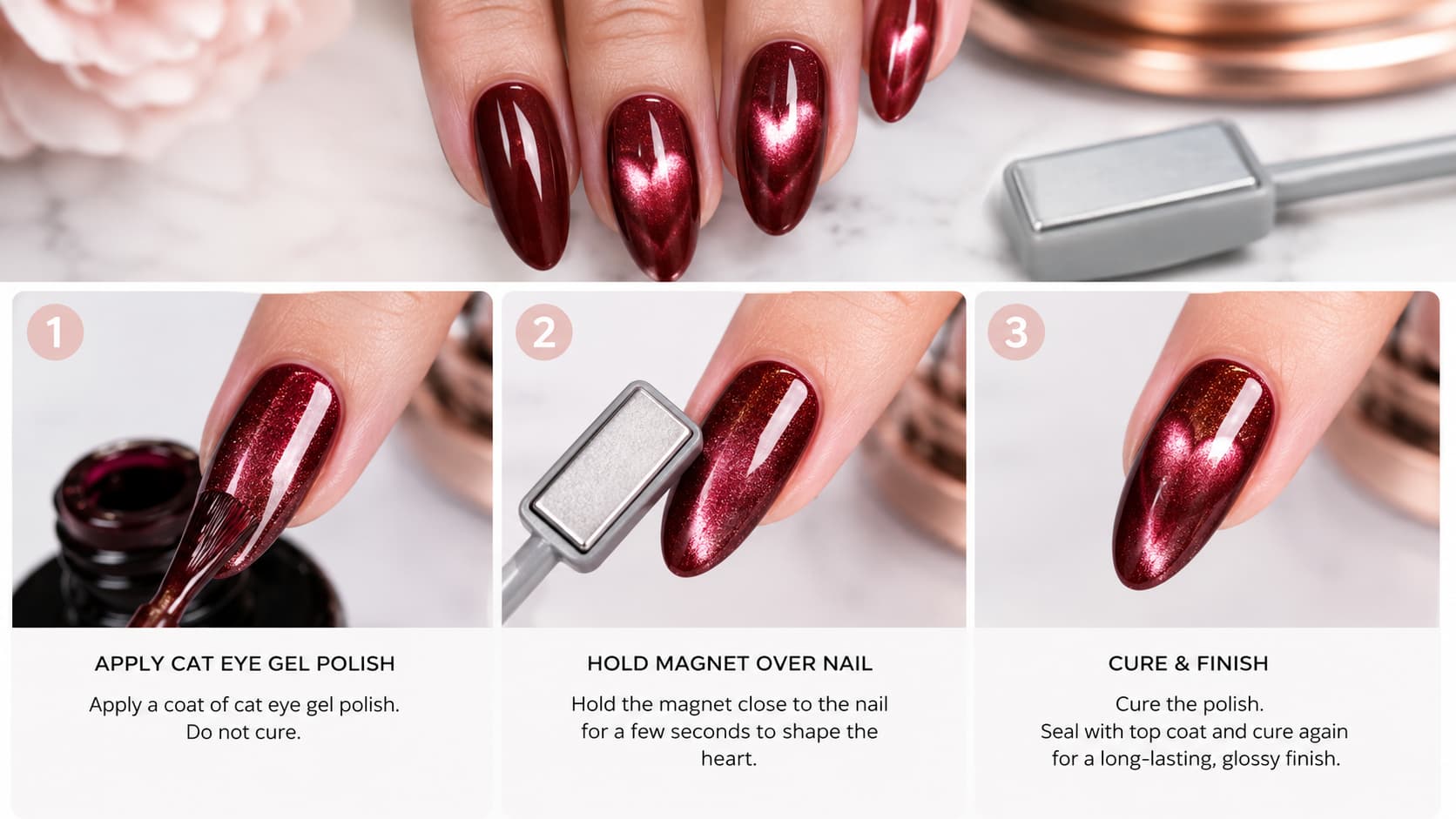 Step-by-step heart cat eye nails tutorial with magnetic gel polish