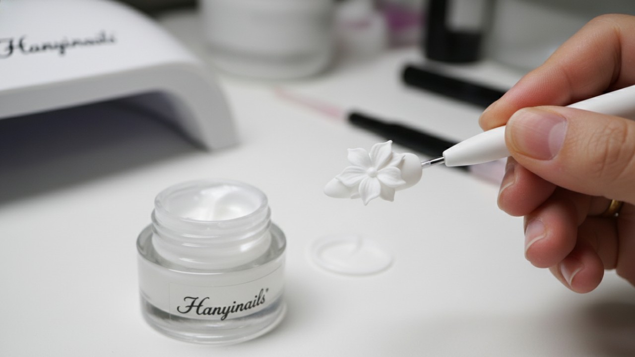 Technician using a silicone tool to sculpt 3D gel nail art