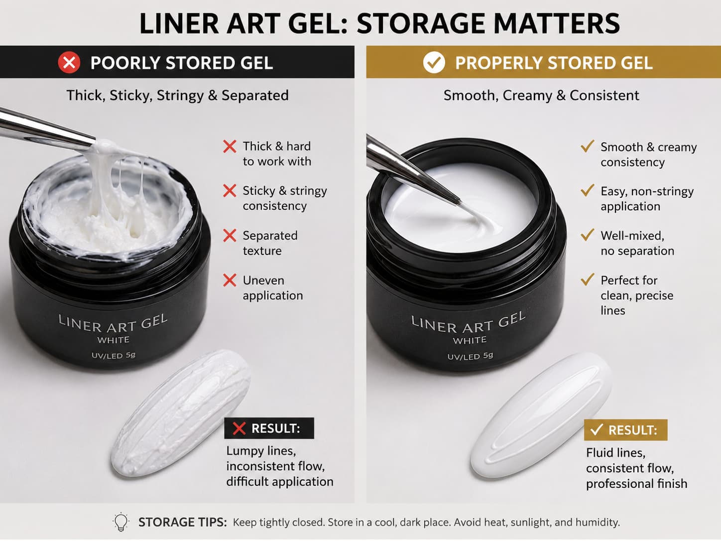 Thick sticky and separated liner art nail gel storage problems