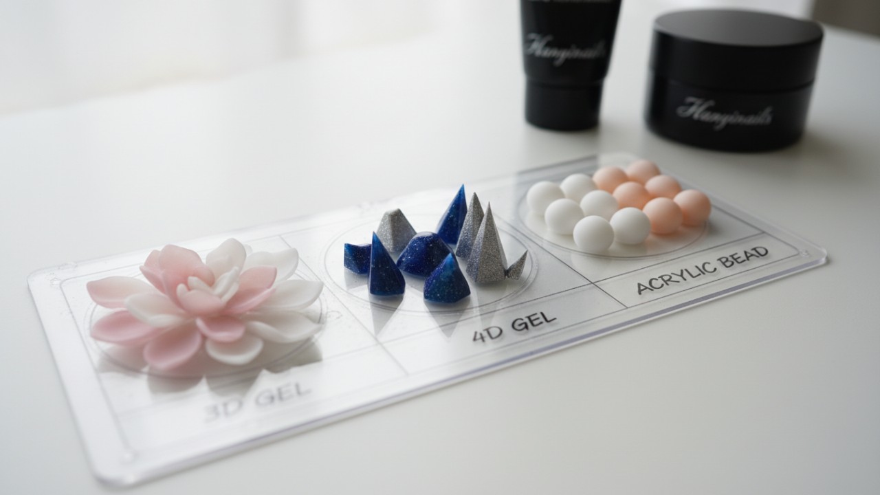 Visual differences in texture between 3D gel 4D gel and acrylic nail products