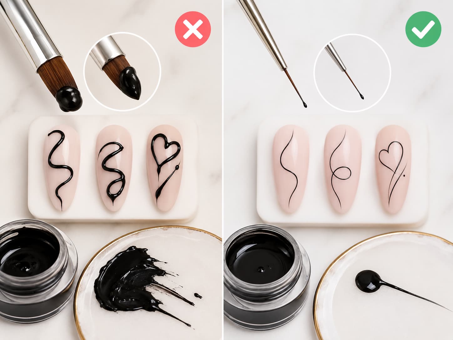 Wrong brush size and overloaded liner art nail gel brush